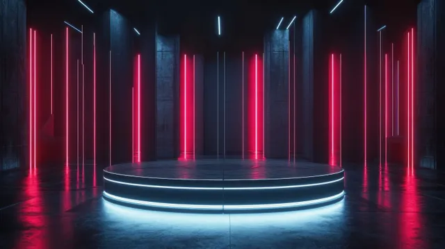 Neon cyberpunk circular stage with glowing rails and glossy reflections in dark industrial corridor