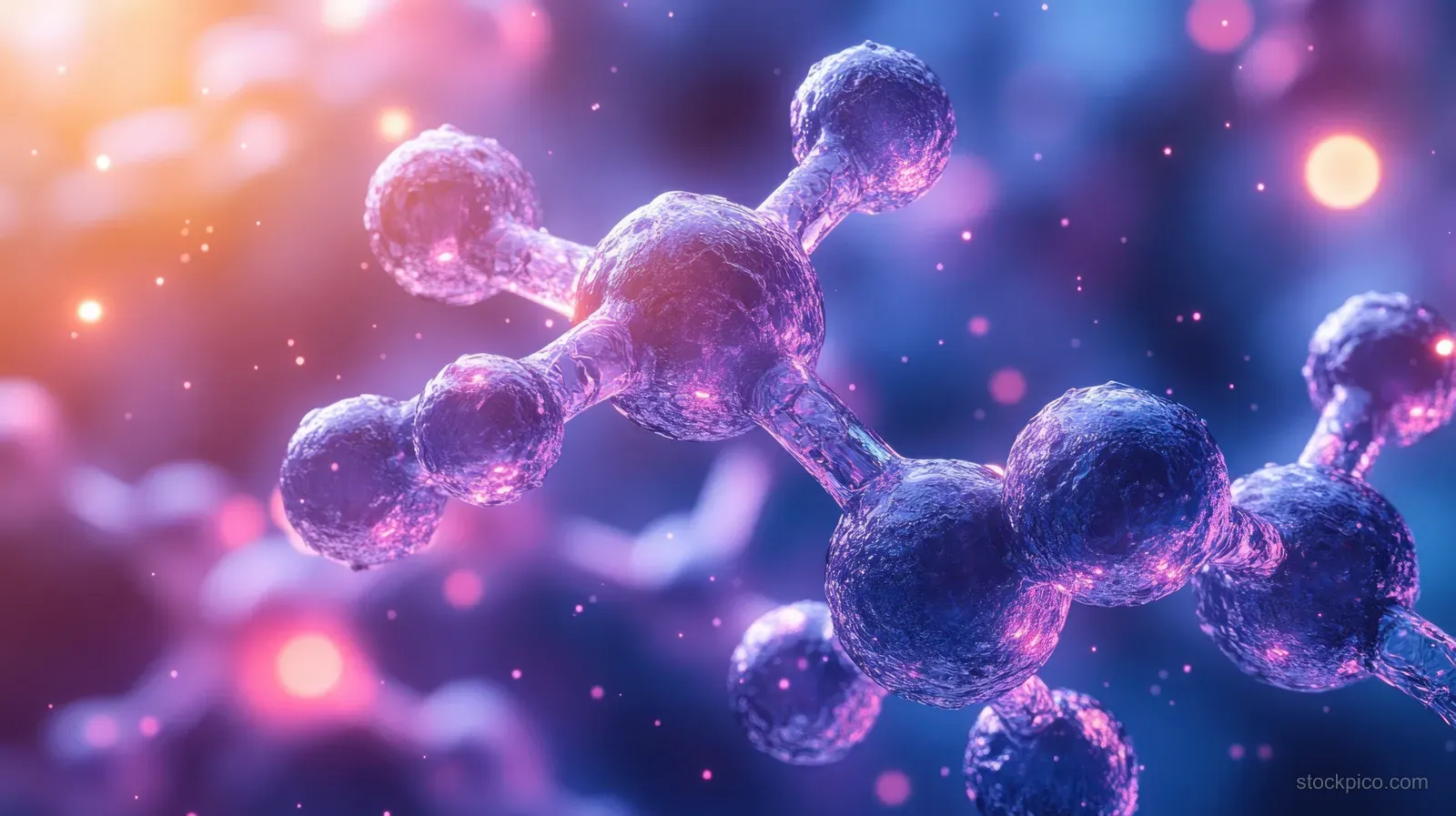 Glowing molecular clusters swirl like a DNA hexagon network across a dark futuristic biotech background with bokeh lights.