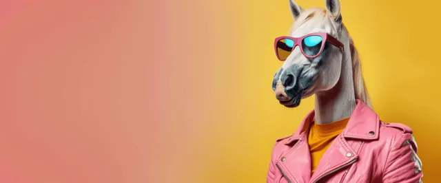 Funky horse wearing pink leather jacket and blue sunglasses against pastel gradient backdrop