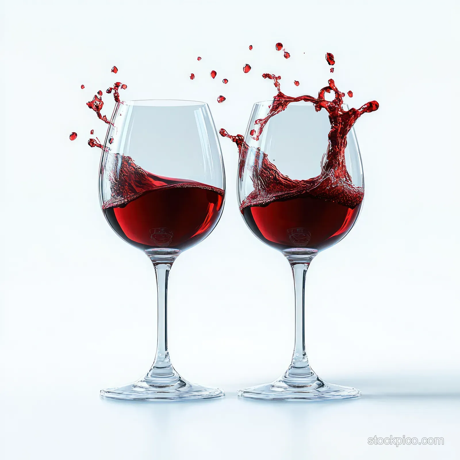 Two stemmed glasses of red wine on a white background, with one glass overflowing into splashing droplets.