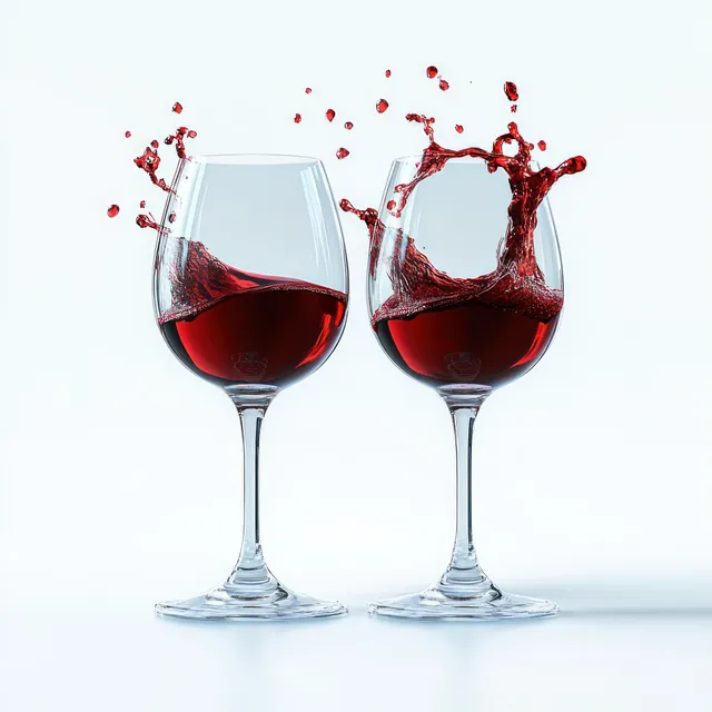Two stemmed glasses of red wine on a white background, with one glass overflowing into splashing droplets.