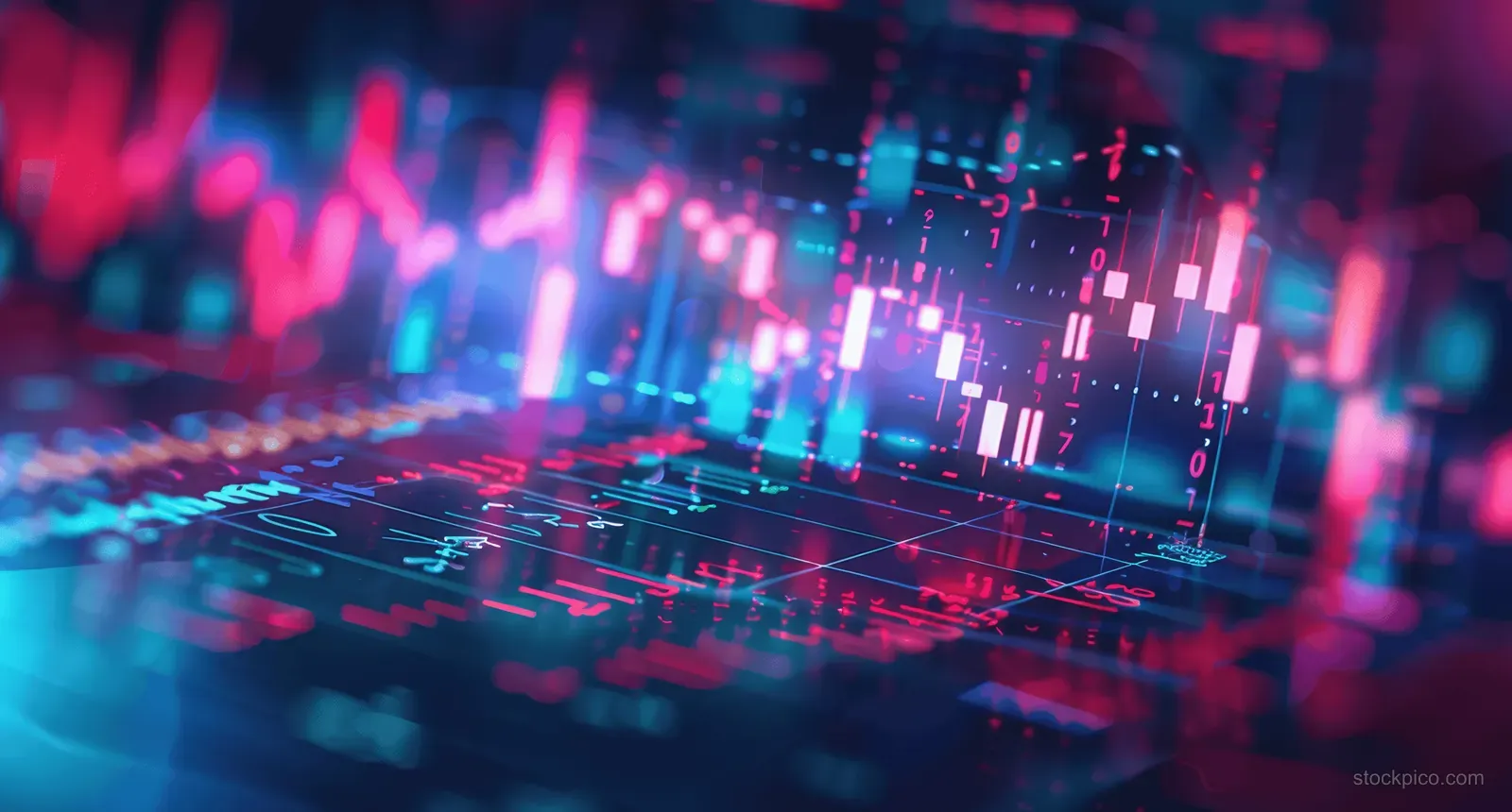 Neon candlestick trading chart glowing over a digital stock market data grid with rising price bars.