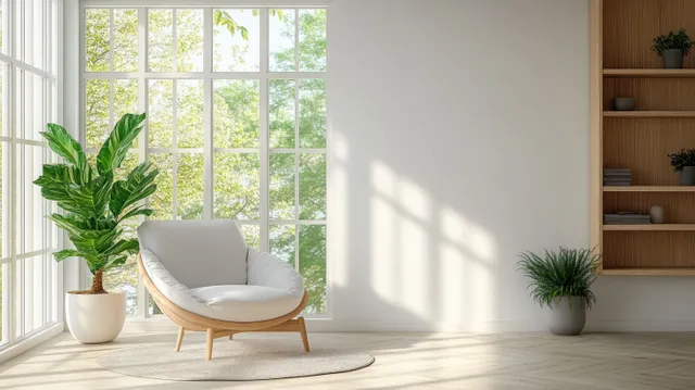 Cozy light-gray armchair sits by potted green plants near a bright window with soft sunlit shadows.