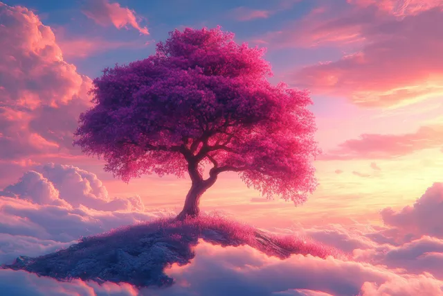 Vibrant pink tree on rocky hill above clouds at sunset