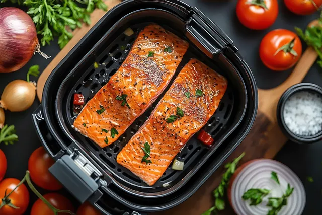 Seasoned salmon fillets air-frying with herbs and tomatoes beside on a wooden board