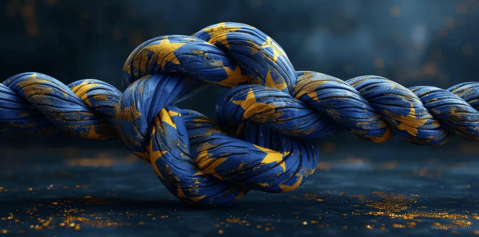 Dark blue rope knot with golden star motifs lies on a dark surface, blurred background suggesting unity and strength.