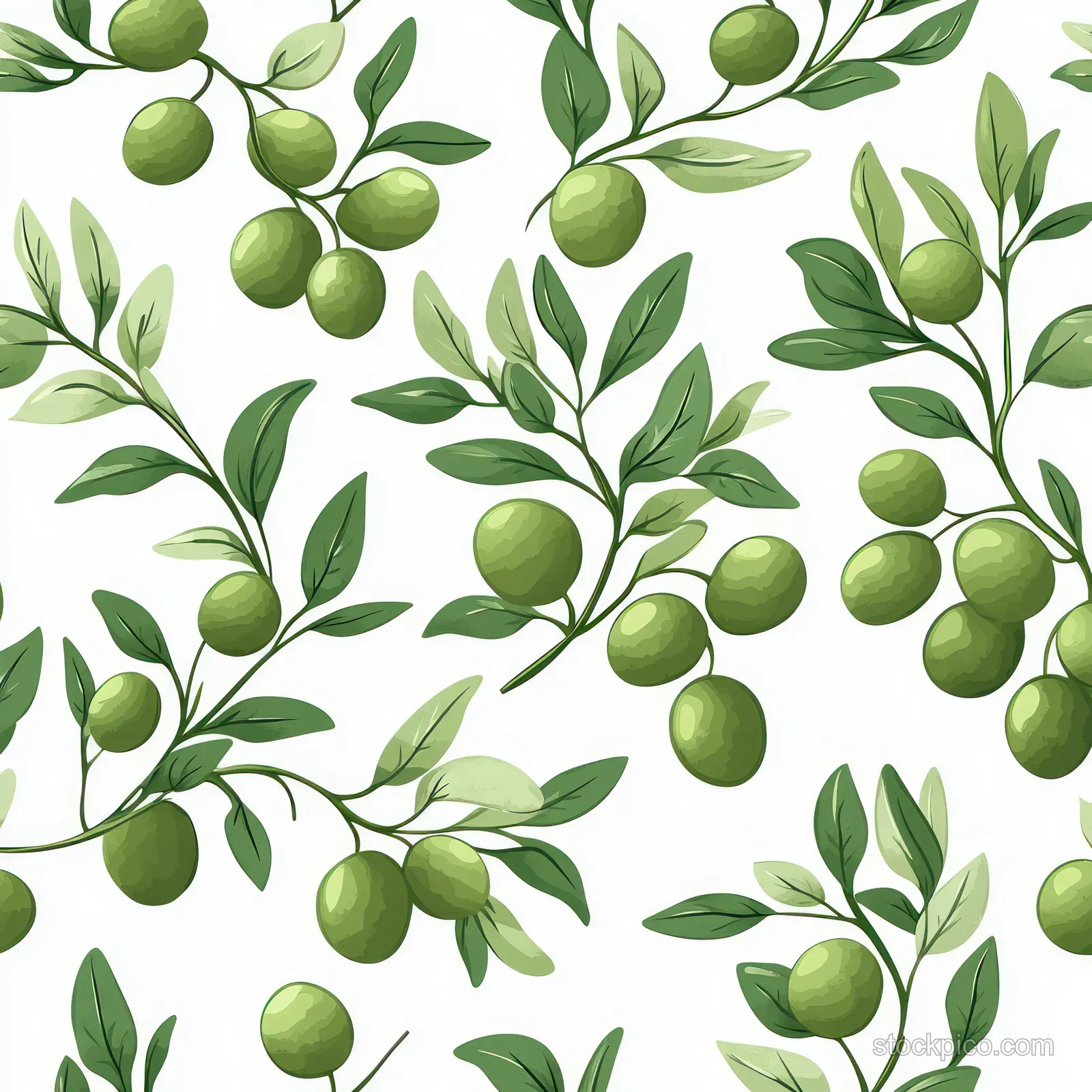 Green olive branches with clusters of olives and leaves repeat across a white background.