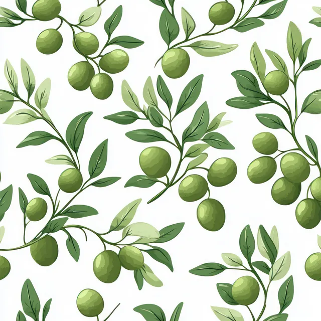 Seamless pattern of green olives on leafy branches against bright white background