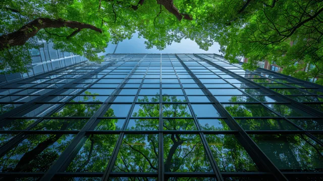 Low-angle view of a glass building façade with reflective windows beneath leafy green tree canopy.