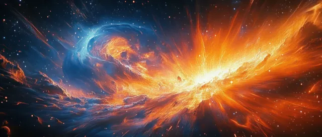 Orange and blue nebula clouds burst and swirl through a star-filled space scene.