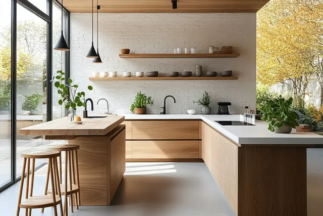Minimalist Scandinavian kitchen interior with wooden counters, sleek white surfaces, and potted herbs near sunlit windows.