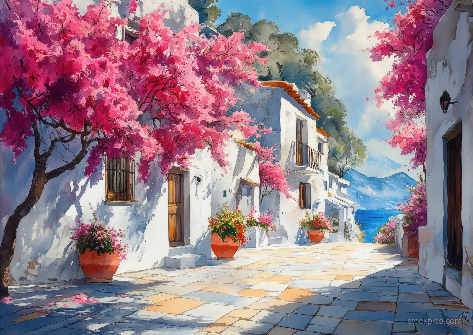 A sunlit Mediterranean village street with whitewashed houses, potted flowers, and bougainvillea blooming overhead.