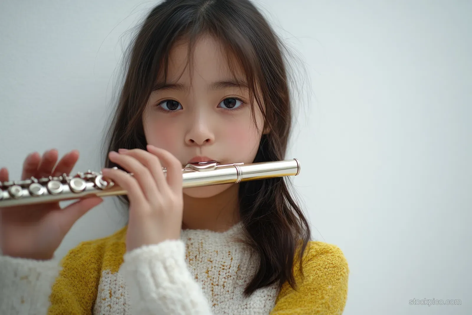 A young girl plays a flute indoors, holding the instrument near her lips against a plain white background.