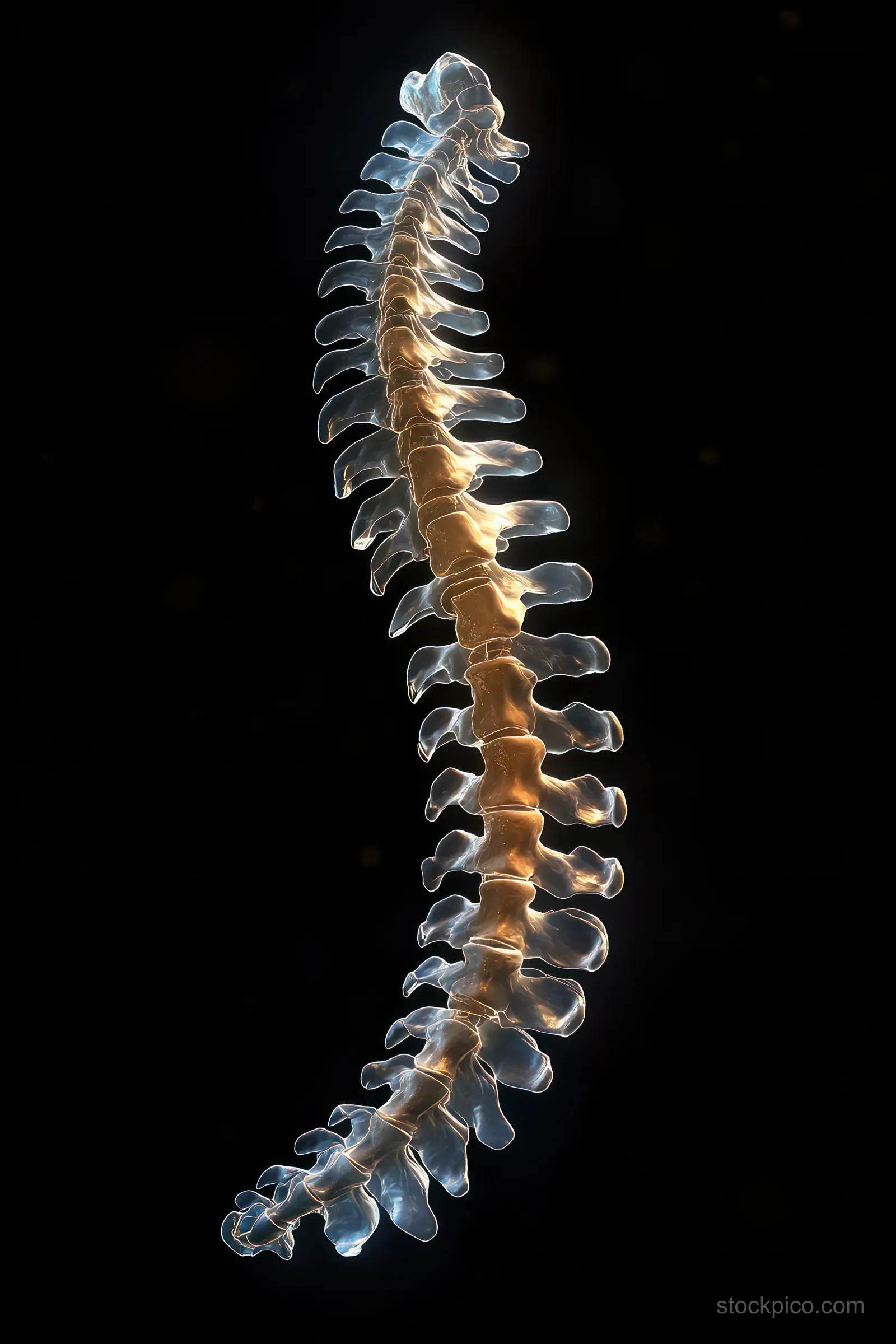 Minimalist glowing human spine profile with distinct vertebrae curves on a black background.