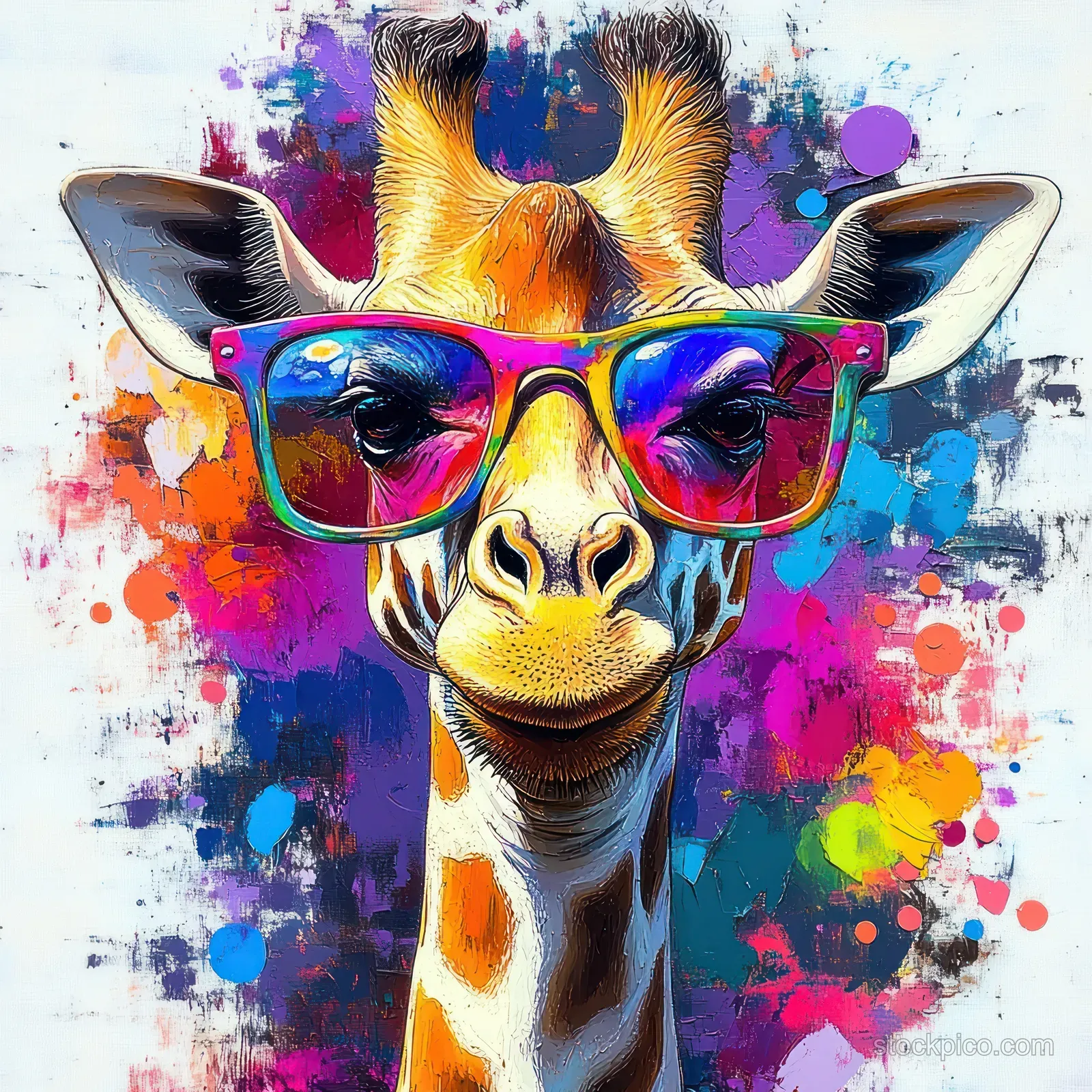 A giraffe wears oversized rainbow sunglasses in front of a multicolored paint splatter background.