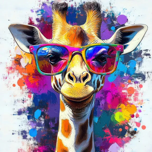 A giraffe wears oversized rainbow sunglasses in front of a multicolored paint splatter background.