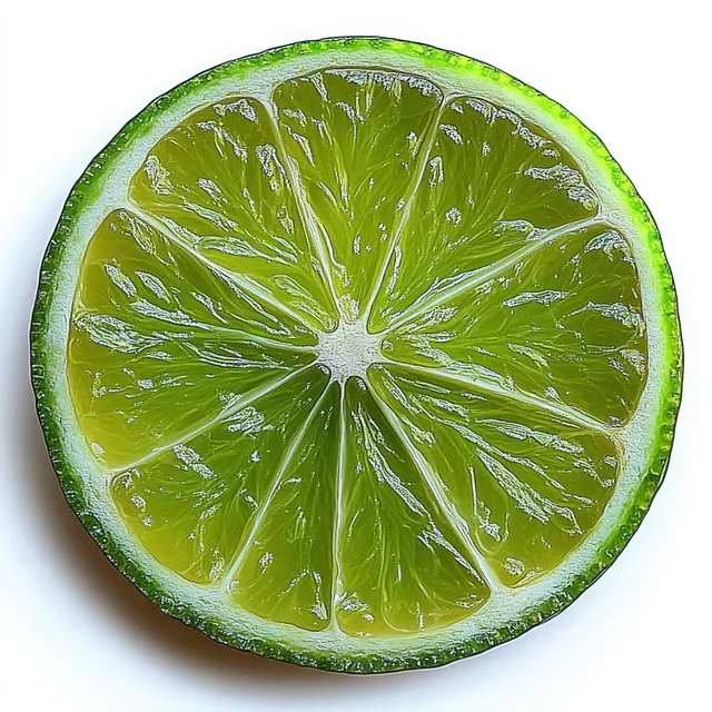Fresh green lime half with juicy segments and textured rind on a white background.