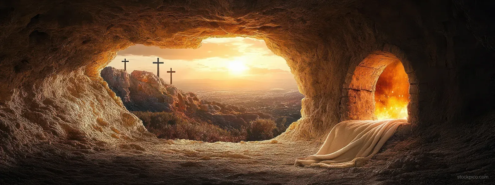 Sunrise light shines through an open tomb, showing a folded linen shroud and three crosses in the background.