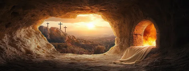 Sunrise light shines through an open tomb, showing a folded linen shroud and three crosses in the background.