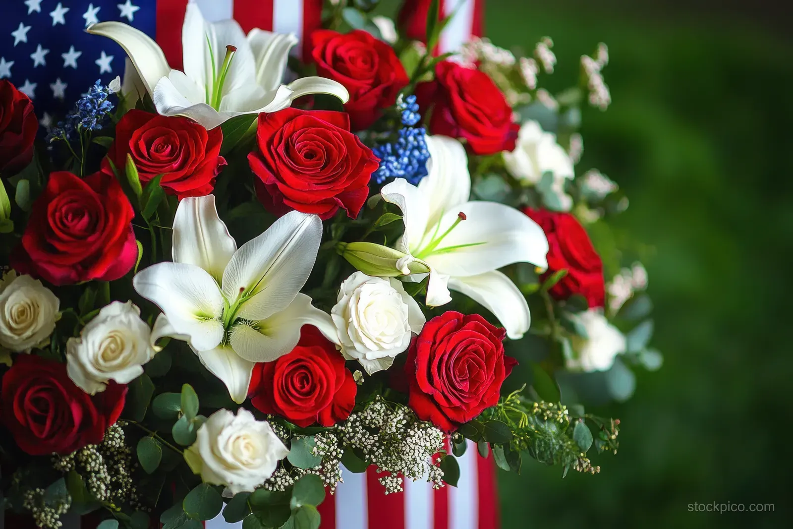Close-up bouquet of red roses and white lilies with green leaves in front of a blurred American flag.
