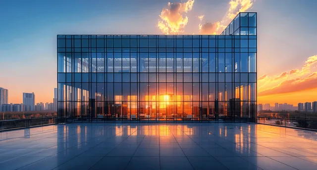 Glass office building reflecting sunset lights over Beijing industrial park skyline
