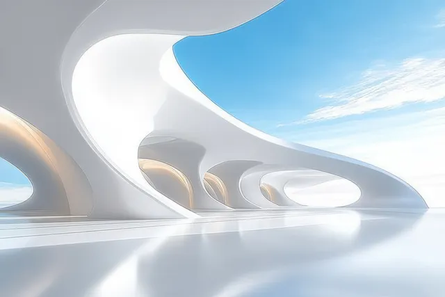 Futuristic white interior corridor with smooth curved walls and bright daylight from an arched opening above.