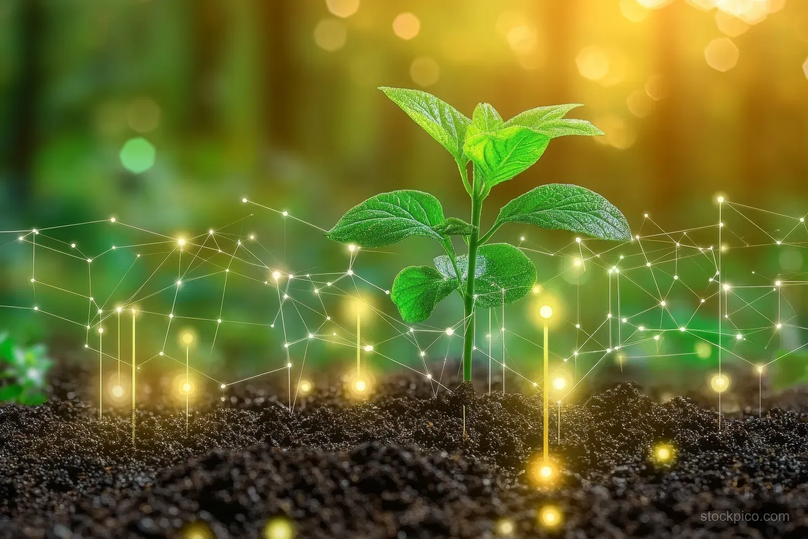 Young seedlings rise from dark soil with glowing network lines and nodes under warm sunlight.