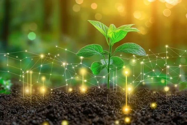 Young seedlings rise from dark soil with glowing network lines and nodes under warm sunlight.