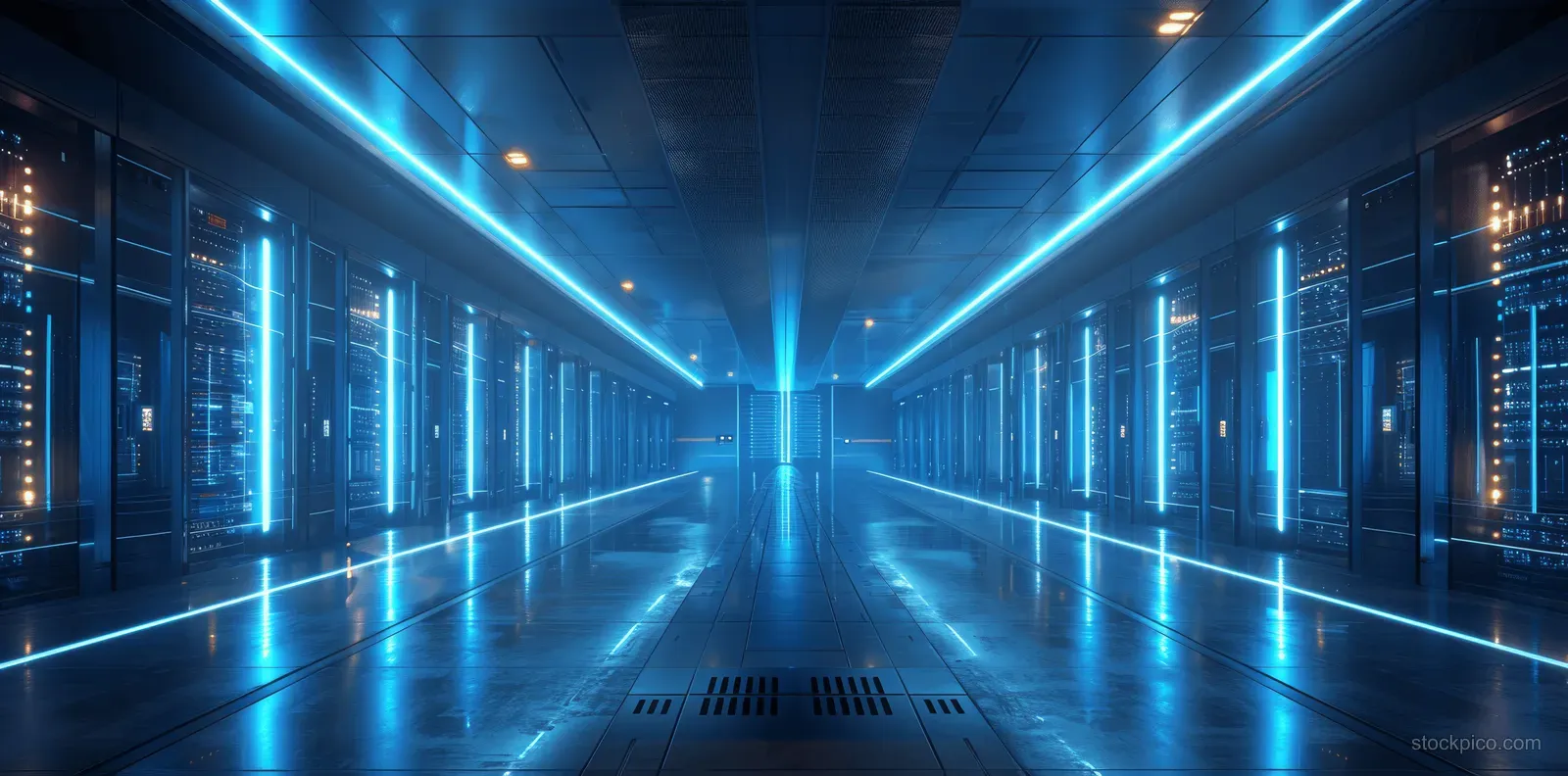 A futuristic data center corridor with glowing server racks and blue lights.