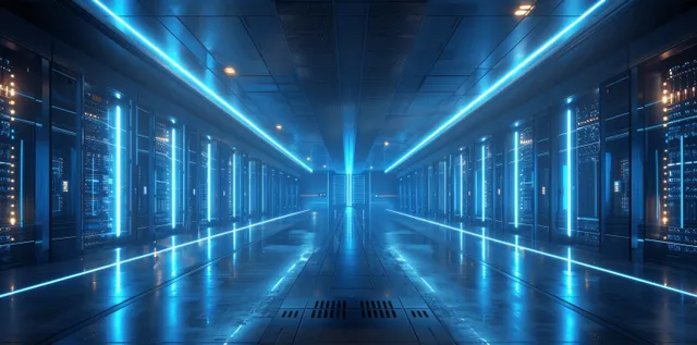 Futuristic data center corridor with glowing server racks and blue lights with Cloud Computing