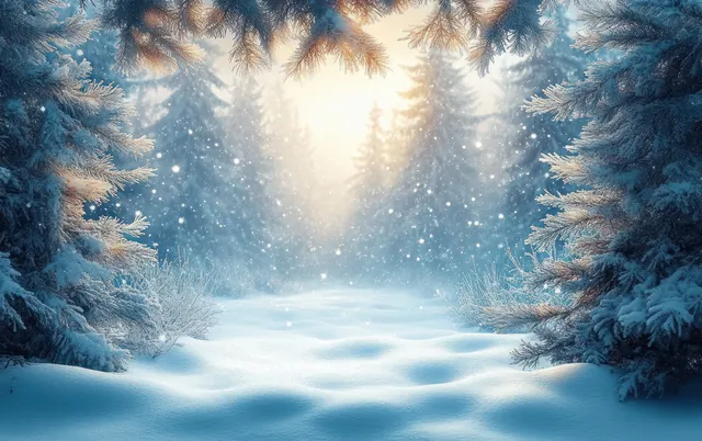 Snowflakes drift through a pine forest clearing framed by frosted branches and glowing winter sunlight.
