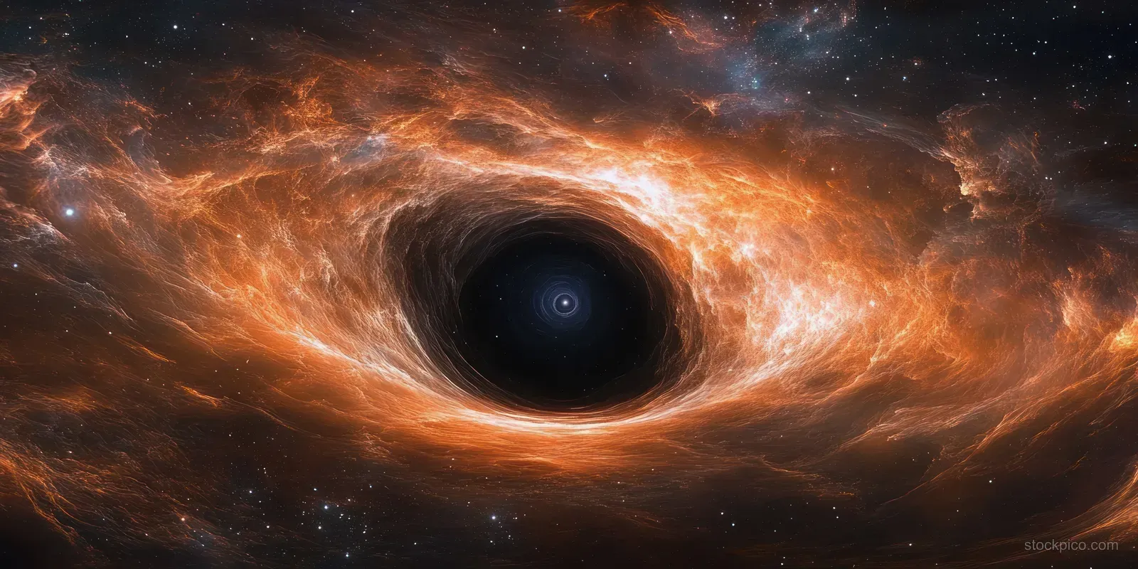 A glowing black hole pulls bright orange nebula gas inward amid scattered stars in deep space.
