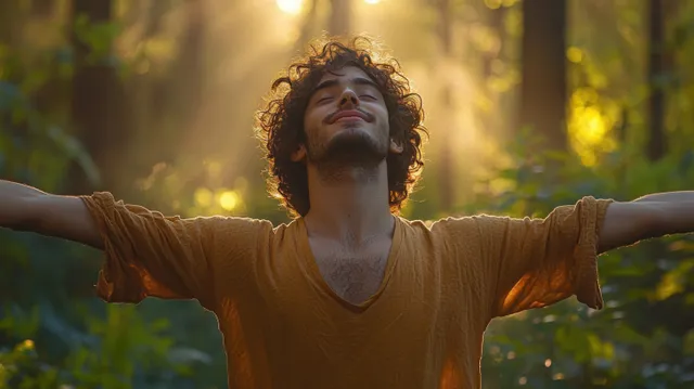 Smiling young man with curly hair stretching arms wide in sunlit forest