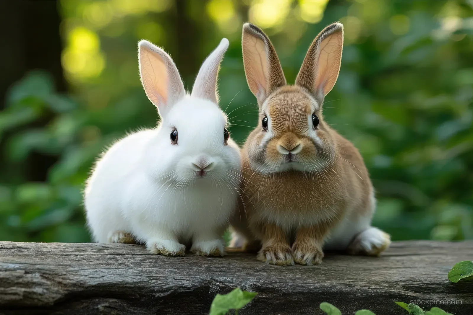 A white and a brown rabbit sit on a wooden log with green foliage blurred in the background.