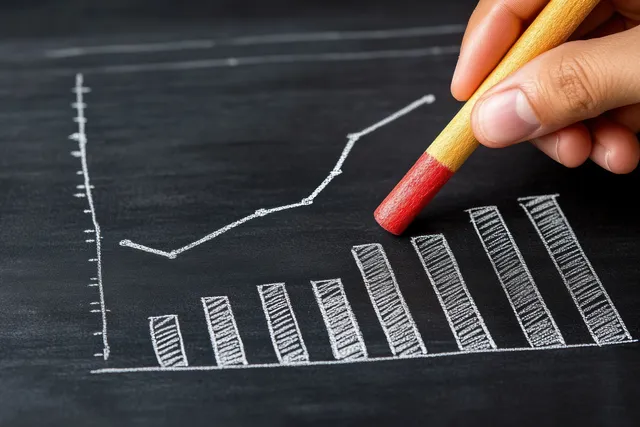 Hand holding red chalk marks a declining bar chart on a blackboard with white chalk axes and line.