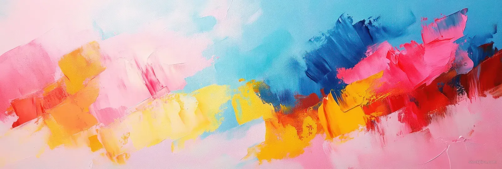 Abstract painting with pink, blue, yellow, and red brush strokes layered on a textured canvas background.