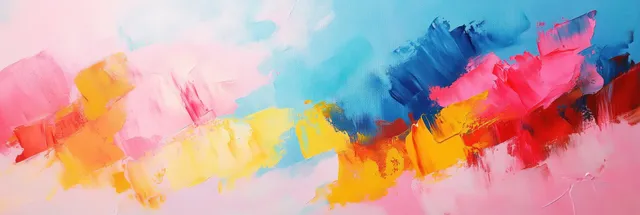 Abstract painting with pink, blue, yellow, and red brush strokes layered on a textured canvas background.