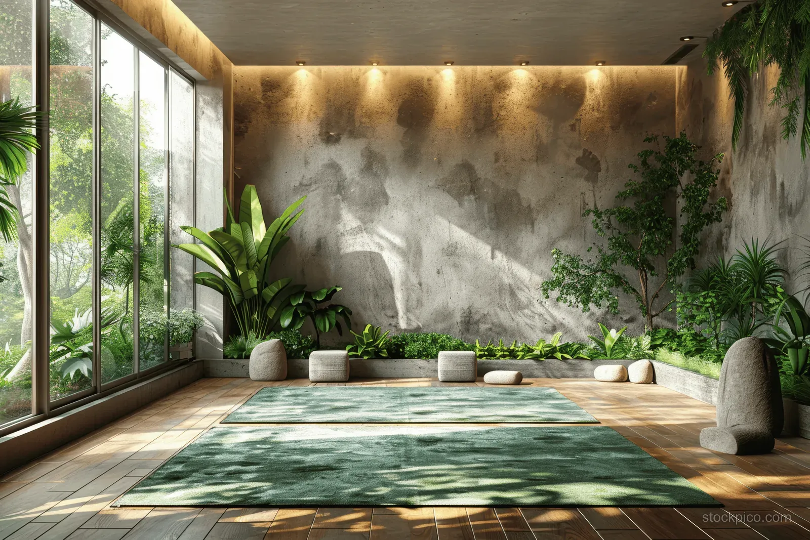 Sunlit indoor garden lounge with large windows, stone seating, green rugs, and potted plants along the wall.