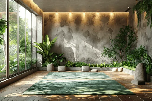 Sunlit indoor garden lounge with large windows, stone seating, green rugs, and potted plants along the wall.