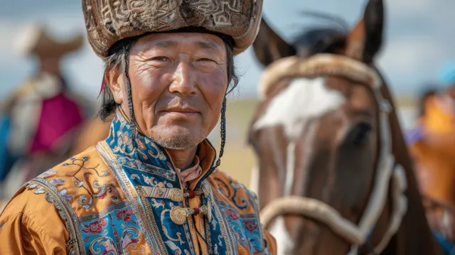 Mongolian Naadam archer in an ornate blue costume holding a bow with horses and festival crowd blurred behind.