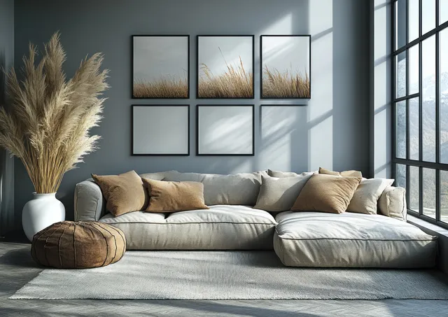 Gray sofa sits under a three-by-two gallery wall of framed artworks beside tall windows and pampas grass in a white vase.