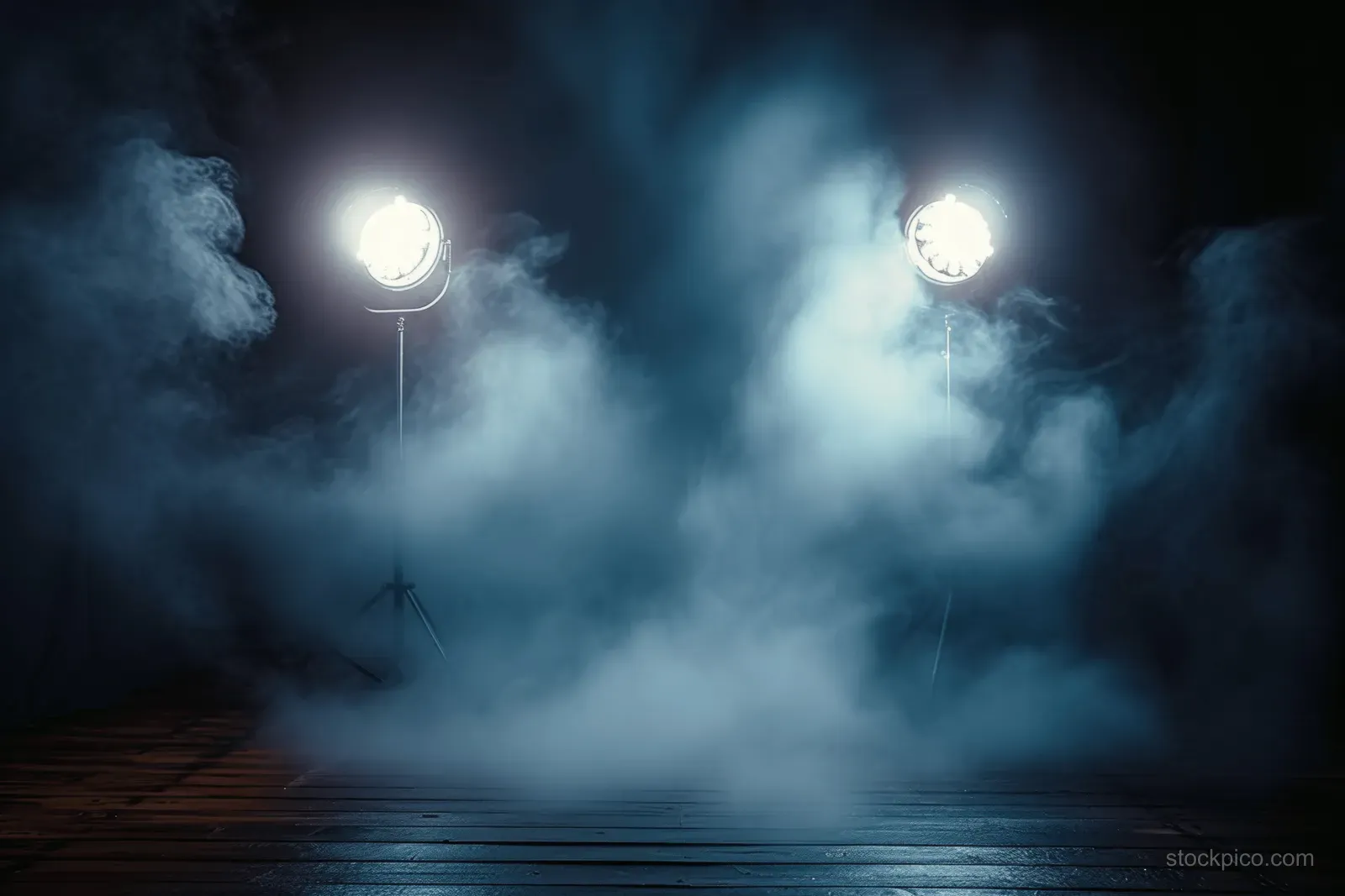 Blue smoke fills a dark studio stage as two spotlights shine down from above.