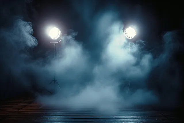 Spotlights and drifting smoke illuminate a cinematic studio set with dark stage floor