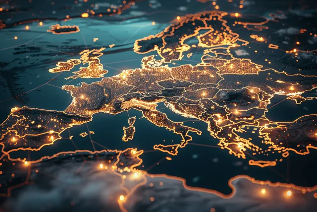 Glowing digital map of Europe with network lines and satellite signals at night