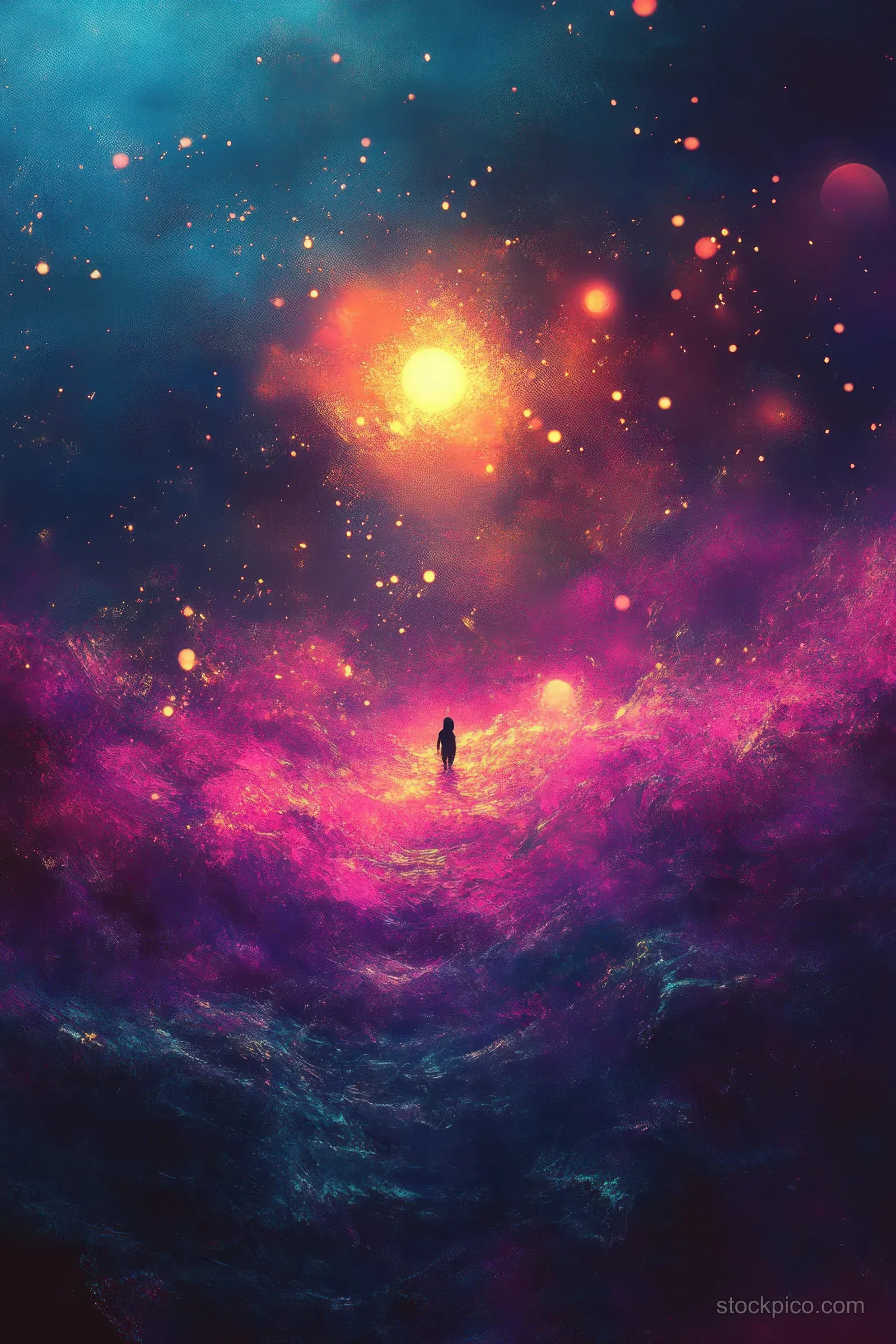 A lone traveler silhouette stands in front of a bright star surrounded by glowing pink and purple nebula clouds.