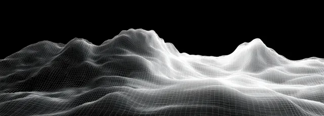 Abstract 3D wireframe mountain terrain with flowing wave ridges over a dark grid background.