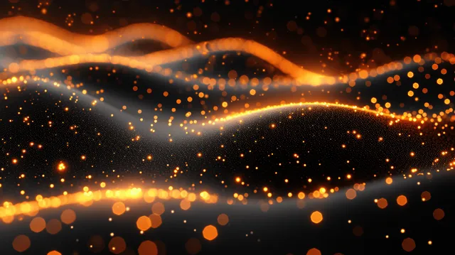 Glowing golden bokeh waves on black background with flowing light trail shimmer