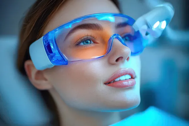 Woman wearing futuristic blue light therapy glasses gazes upward during a skincare wellness session.