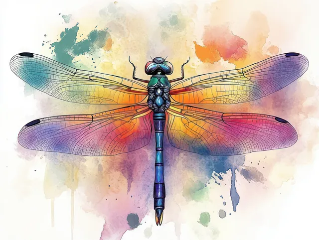 Watercolor dragonfly with translucent blue-purple wings hovering over a multicolor paint splash