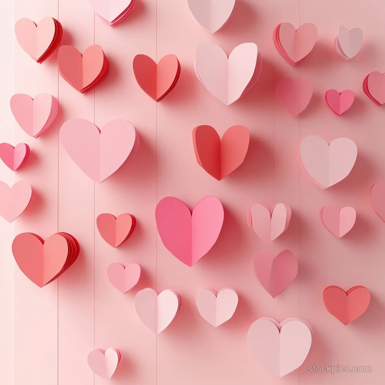Floating 3D paper hearts in pink and red arranged across a soft pink Valentine background.